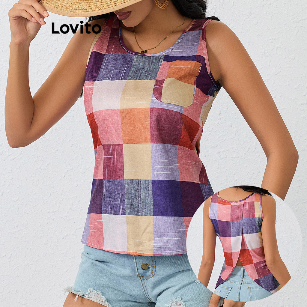Lovito เสื้อเบลาส์ไม่สมมาตรลายสก็อตลำลองสำหรับผู้หญิง LBL17449