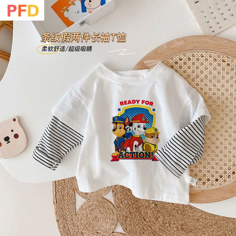 paw patrol วังทีมเด็กฤดูใบไม้ผลิฤดูใบไม้ร่วงสไตล์แขนยาวปลอมสองชิ้นชายหญิงเสื้อยืดการ์ตูนเสื้อผ้าฝ้ายแท้