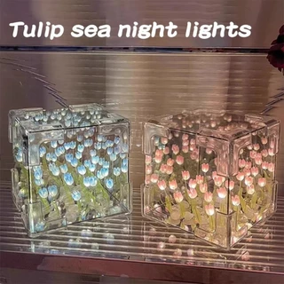 โคมไฟกระจกดอกไม้ทิวลิป LED 20ดวง ตั้งโต๊ะ แฮนด์เมด DIY สําหรับของขวัญวันเกิดแฟนสาว ไฟกลางคืน