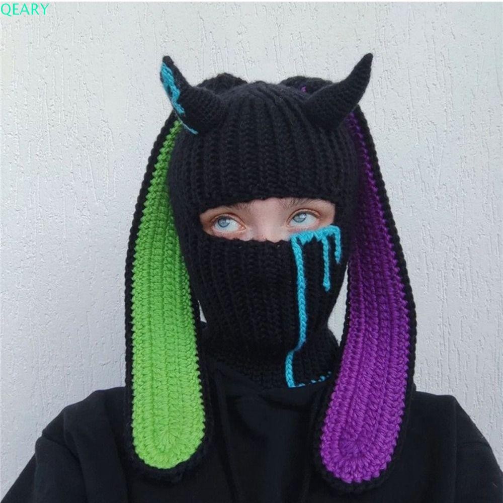 Qeary Devil Horn Beanie, กระต่ายหูฮาโลวีนถักหมวก Balaclava, หน้ากากสวมหน้ากากตลก Headwear หมวกสกีอบอุ่นฤดูใบไม้ร่วง/ฤดูหนาว