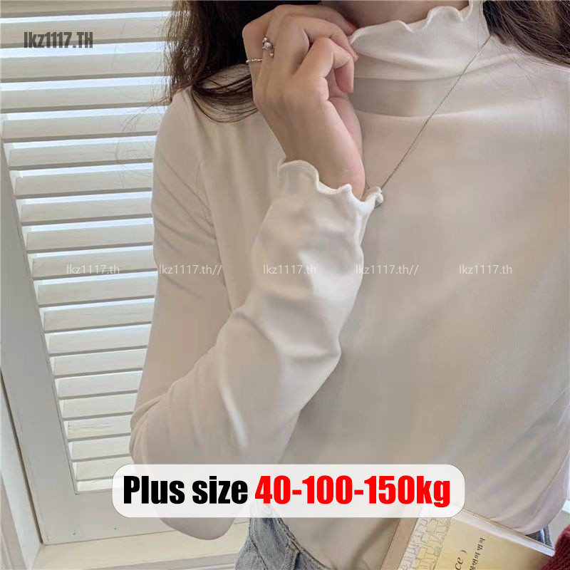 Plus Size T-Shirts🎀เสื้อยืดสาวอวบอ้วนไซส์ใหญ่ เสื้อยืดผู้หญิงแขนยาวหลวมคอเต่าแฟชั่นฤดูใบไม้ผลิสไตล์เกาหลี Oversize Women Clothes