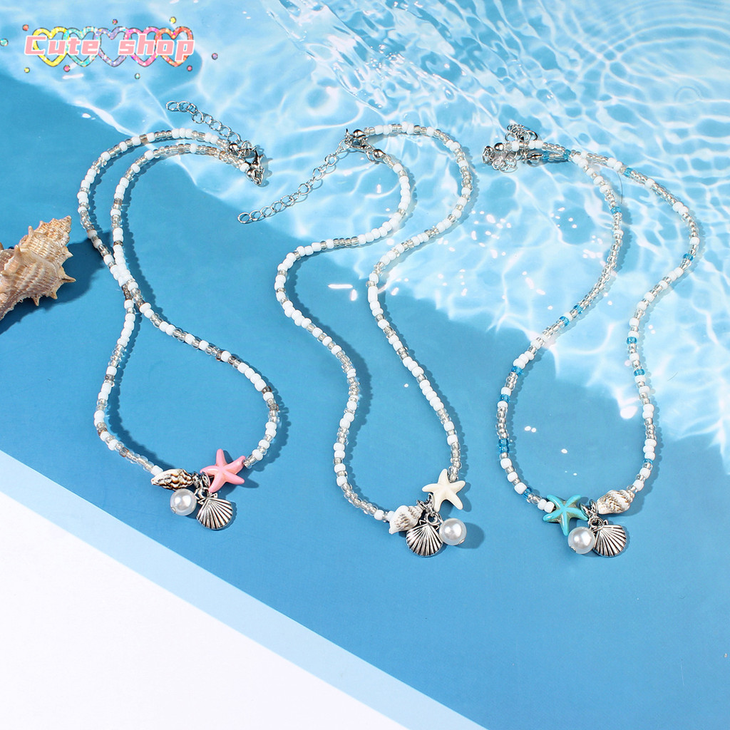 สร้อยคอ  เปลือก  จี้ ปลาดาว  ไข่มุก สร้อยคอลูกปัด ปลาดาวสีสันสดใส  ไปเที่ยวทะเล   ส่งไวจากไทย