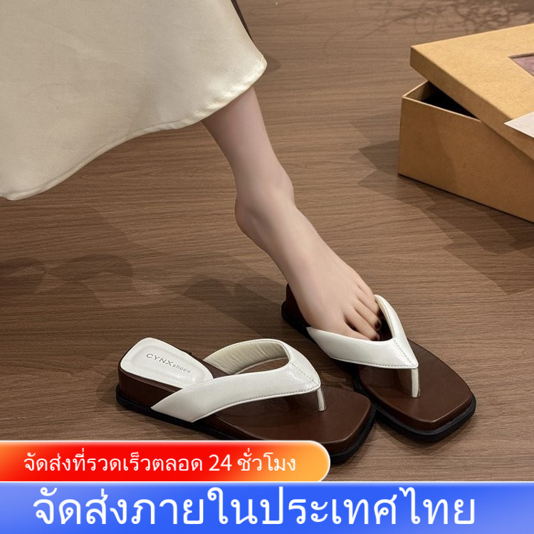 [จัดส่งในประเทศไทย] ฤดูร้อนสแควร์หัวคลิปนิ้วเท้าสบาย ๆ รองเท้าแตะ PU แฟชั่นนอกสวมใส่ลื่นสวมหนึ่งถีบรองเท้าแบน