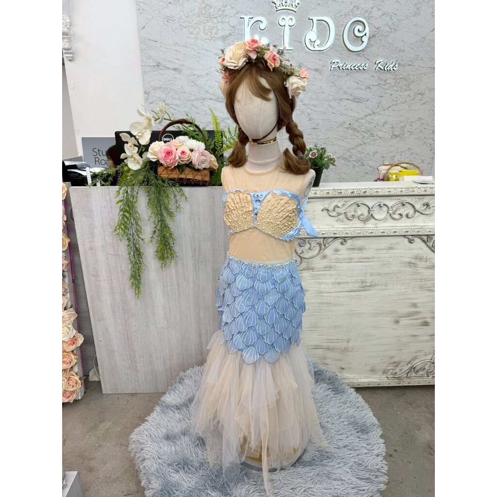 Kidoprincesskids ชุดนางเงือกเด็ก (ร้านอยู่รัชดา)ชุดออกงานเด็ก W18903สีฟ้าชุดนางเงือกทรงหางปลาปักเกร็ดปลา อกซีทรู สวยห...