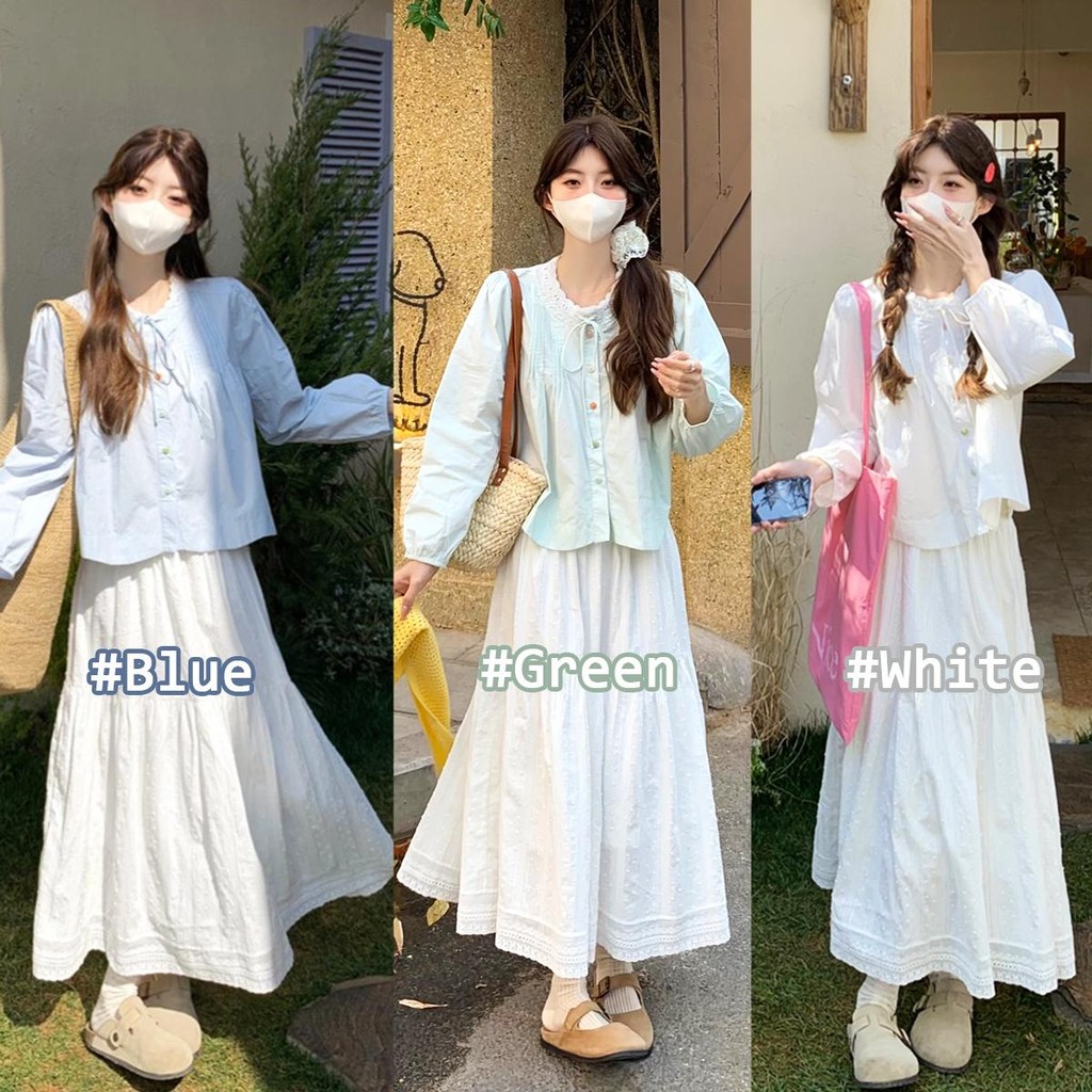Chili Koko เสื้อลูกไม้แขนพองสำหรับผู้หญิง เสื้อคาร์ดิแกนแขนยาวคอกลมผูกโบว์แถวกระดุมเดียวน่ารักหวานๆ w618
