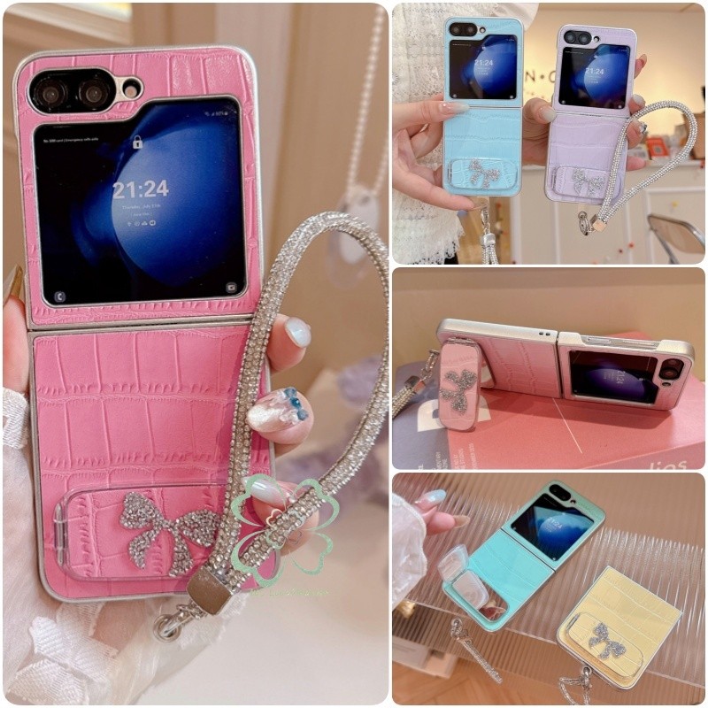 รูปแบบจระเข้ Bowknot กระจกขาตั้งซองหนังสําหรับ Samsung Galaxy Z Flip 7 Z Flip 6 Z Flip 5/4/3 สร้อยข้อมือสายรัดข้อมือฝาหลัง