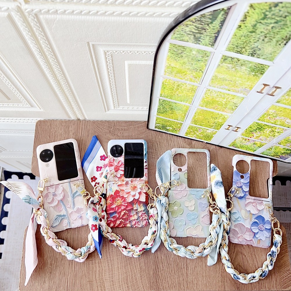 ดอกไม้ความงามสําหรับ OPPO Find N3 Flip Case Art Design สีชมพู N3Flip พร้อมสายรัดเคสโทรศัพท์