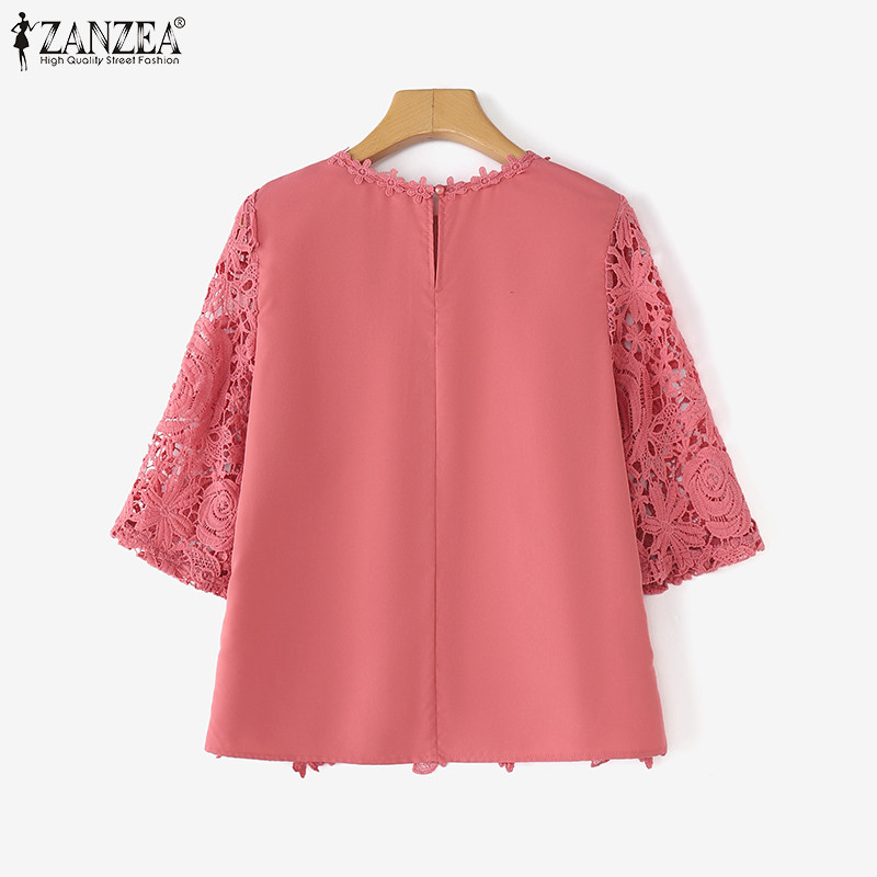 ZANZEA ซานเซีย เสื้อลูกไม้โครเชต์สำหรับผู้หญิง สไตล์เกาหลี แสงหรูหรา มีรอบคอยาวถึง 3/4 และแขนกลวง — صورة 8