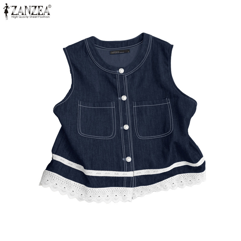 ZANZEA เสื้อลูกไม้สำหรับผู้หญิง สไตล์เกาหลีวินเทจ ฤดูร้อน กระดุมแถวเดียว 핏หลวม