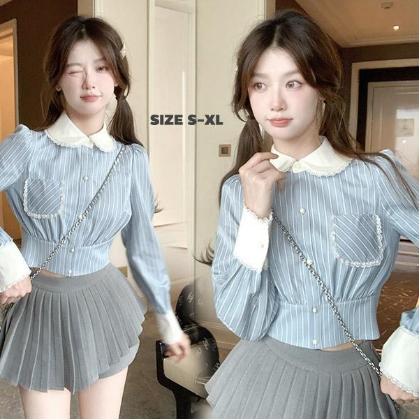 mimididi#เสื้อครอปคอปกการเย็บลูกไม้ เสื้อเชิ้ตลายทาง เอวเข้ารูปมีปกและแขนยาว น่ารักทรงสลิมฟิตสำหรับผู้หญิง#99111