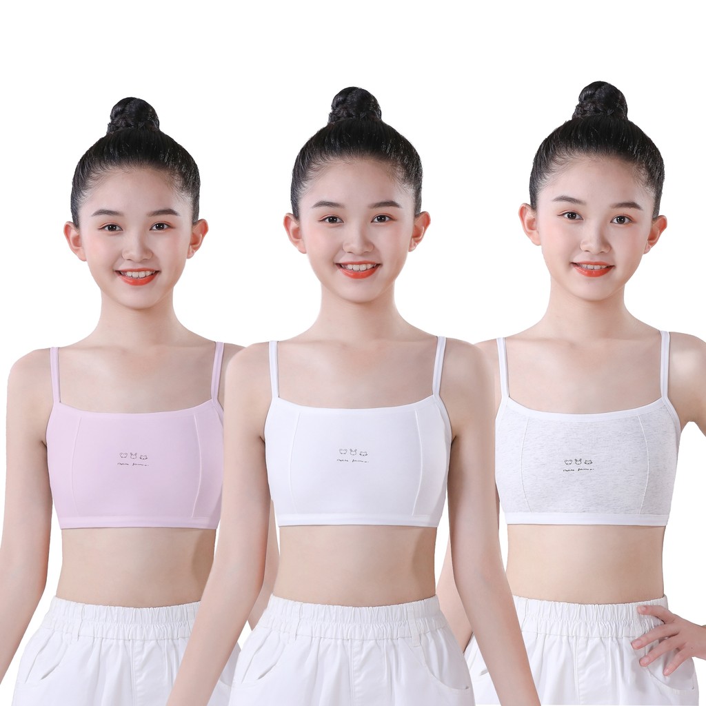 เสื้อชั้นในสำหรับเด็กผู้หญิงอายุ 7-12 ปี มีฟองน้ำเสริมความถ่อมตัว สไตล์เสื้อสายเดี่ยวแบบไม่มีลวด