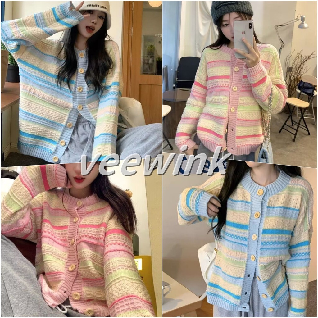 Veewink พร้อมส่งจากกทม เสื้อสเวตเตอร์แขนยาว ลายทางสีตัดกัน สไตล์เกาหลี ใส่สบาย ทรงหลวมๆ สำหรับสาวน่ารัก