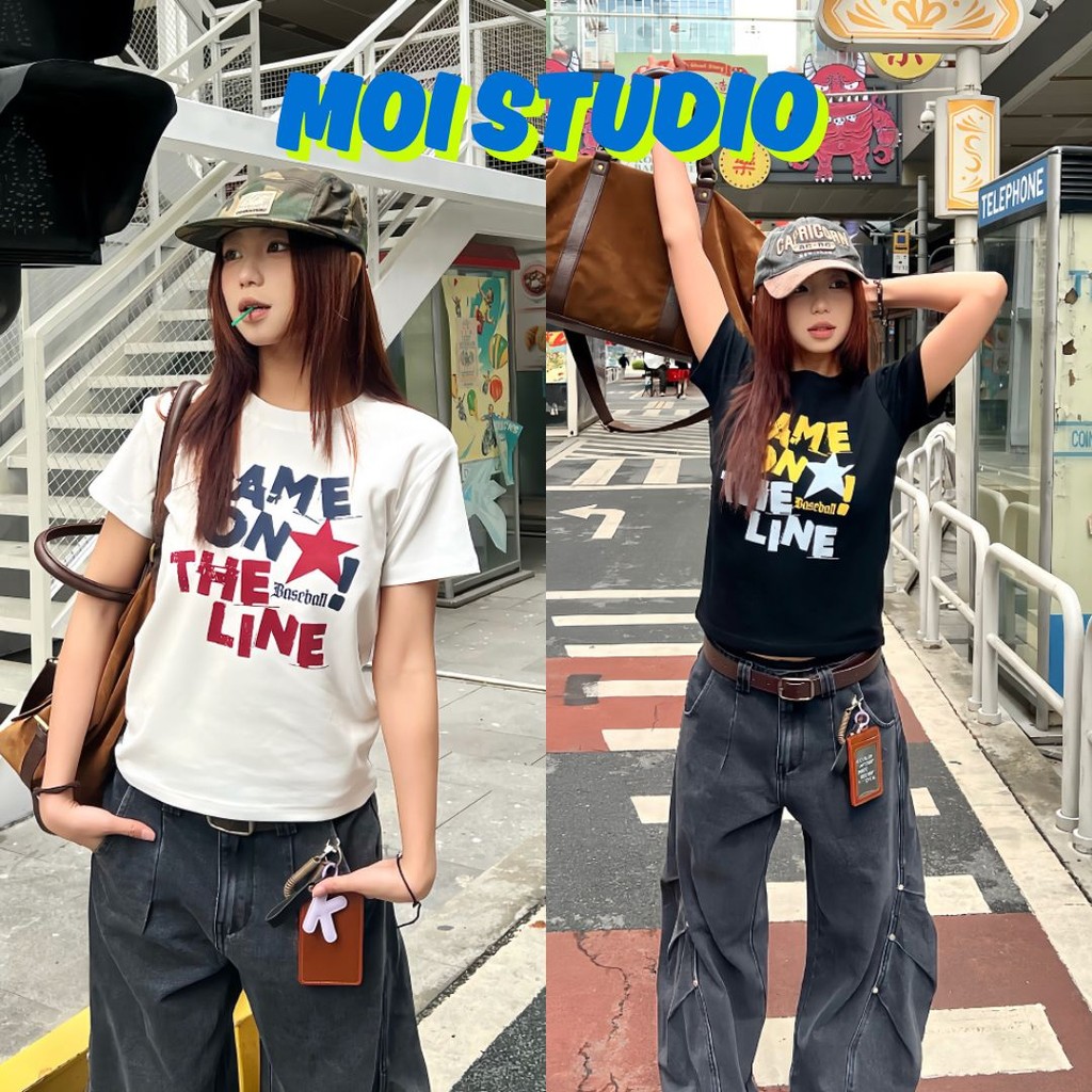 MOI ✨【พร้อมส่ง】แฟชั่นเสื้อเกาหลี ผู้หญิง "GAME ON Stars" พิมพ์ลาย ผ้าCOTTON โคตรนุ่ม สลิมฟิต เสื้อ rเสื้อทรงซ้อ เสื้อคอก