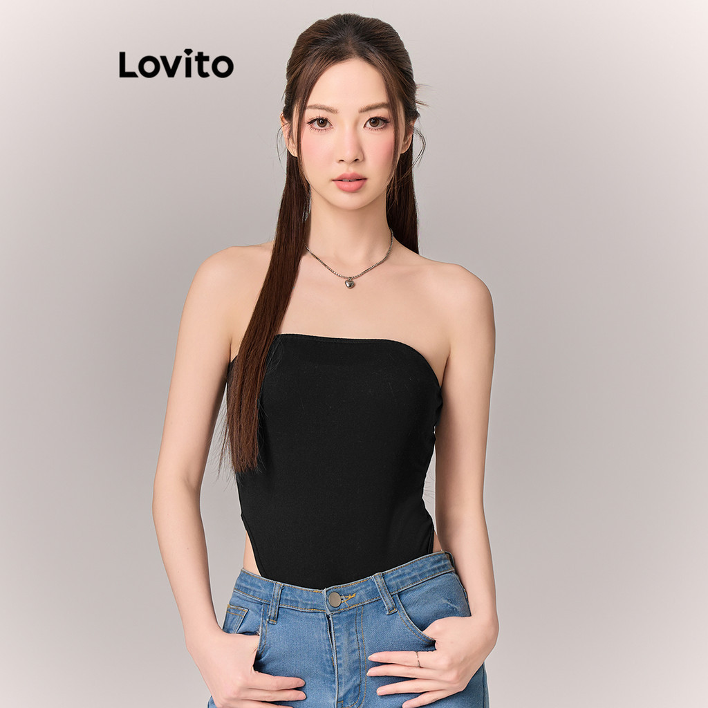Lovito ชุดบอดี้สูทลําลองสีพื้นสําหรับผู้หญิง L114AD155
