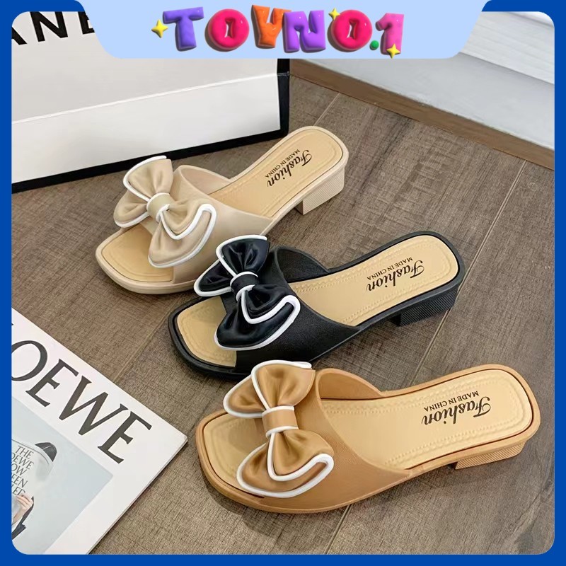 ToyNo.1🧸 พร้อมส่ง🧸"LT-886-2" รองเท้าแตะสวม ส้นตึก ดีเทลโบว์ สำหรับผู้หญิง แมตได้ทุกลุค ใส่สบาย