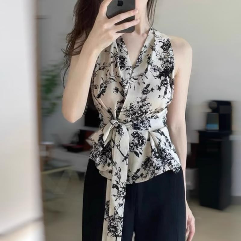 mimi&didi#เสื้อเชิ้ตลายดอกไม้แขนกุด ดีไซน์ผูกเอว สำหรับผู้หญิง ดีไซน์ไม่ซ้ำใคร เก๋ไก๋ และสวยงาม ท็อปขนาดเล็ก#99155