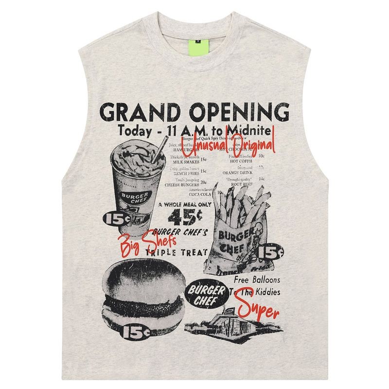 嘻哈美式复古汉堡零食无袖T恤潮牌宽松设计感健身运动汗背心Hip hop American retro burger snacks sleeveless T-shirt trend20250806