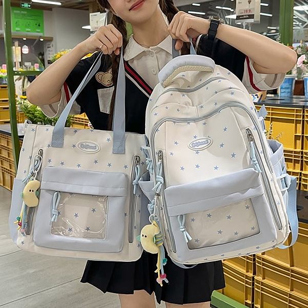 กระเป๋าเป้สะพายหลังผู้หญิง สีฟ้า หลายช่อง แบบ2ชิ้น สำหรับนักเรียนโรงเรียนประถม-มัธยม กันน้ำ น่าใช้
