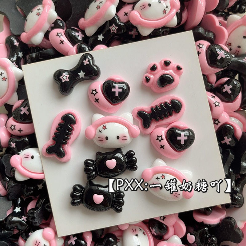 หูฟังแบบแมว สีชมพูและดำ พร้อมอุปกรณ์ DIY ประกอบด้วยกาวครีม ฝาครอบโทรศัพท์ กิ๊บบัตร และอื่น ๆ
