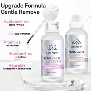 BORN PRETTY 50ml กาวเล็บ Remover Acetone-ฟรี 3S Fast สอดใส่กดบนเล็บกาว Remover กาวติดเล็บปลอม Debonder