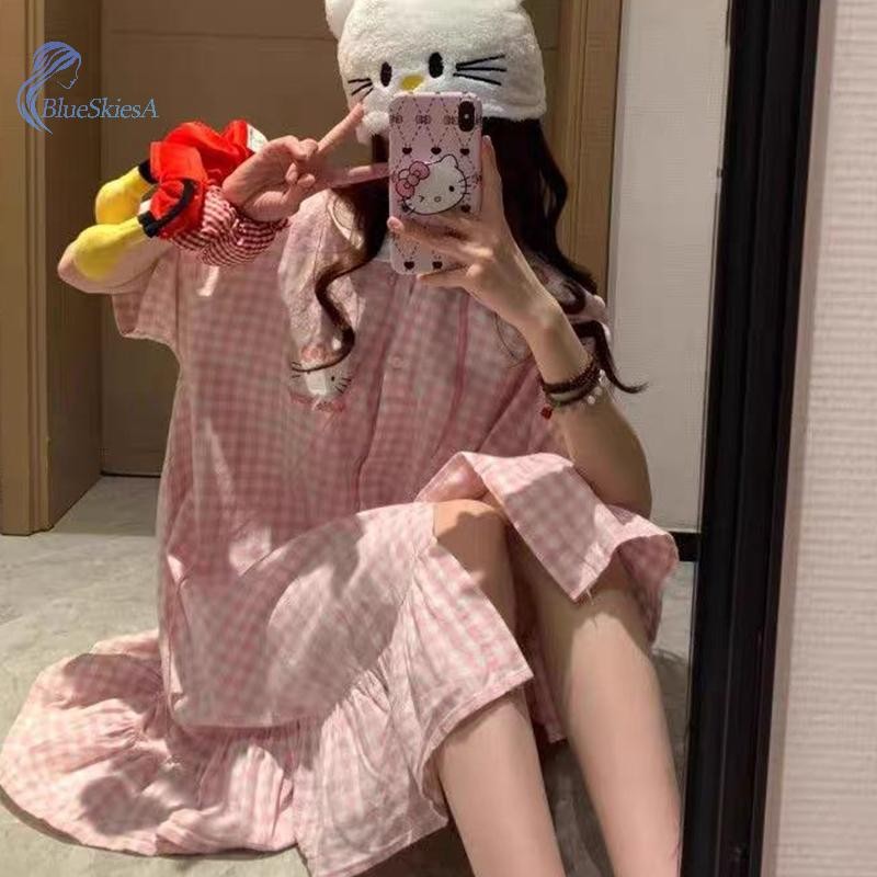 นีดเดรสลายสก๊อตหลวมแขนสั้น น่ารักสำหรับผู้หญิง