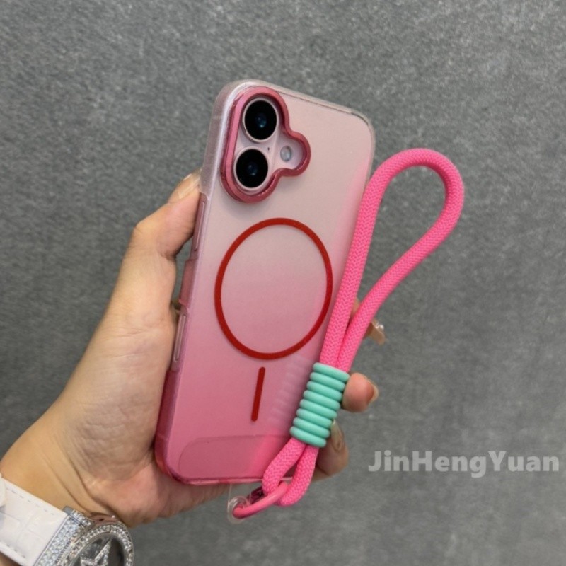 Ultra Thin Premium Gradient Glitter Fine Circle Magnetic Lanyard Case สําหรับ iPhone 17 16 15 14 Plus 13 12 11 Pro Max กรอบโลหะ Hard แขนป้องกัน