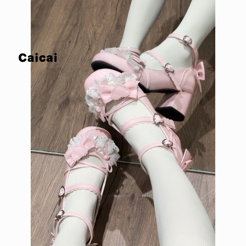 ฮาโลวีนสีชมพู cos Original Lolita รองเท้ากลางส้นรอบ Toe ญี่ปุ่นน่ารัก Lo รองเท้า Mary Jane รองเท้าผู