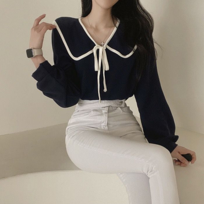 เสื้อลูกไม้คอตุ๊กตาผูกโบว์ ทรงหลวม ดีไซน์ฤดูใบไม้ร่วง แขนยาว ใส่สบาย สไตล์ตะวันตก