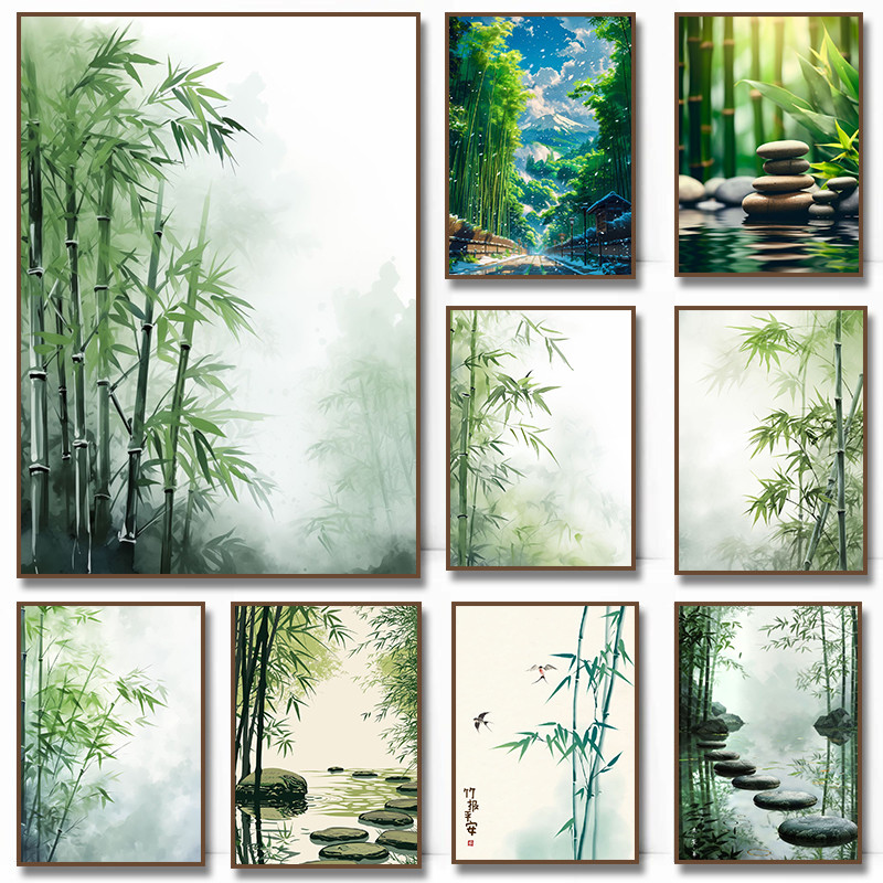 ไม้ไผ่ Leaf โปสเตอร์ Zen Panda จีนบทคัดย่อหมึกผ้าใบภาพวาดพิมพ์ Wall Art โปสเตอร์ภาพสําหรับตกแต่งบ้านภาพจิตรกรรมฝาผนัง