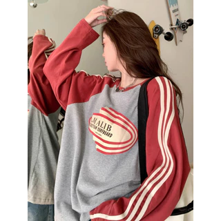 Solovely M-2XL ผู้หญิง สไตล์เกาหลี ลำลอง หลวม เสื้อตัวบน ลายทาง บล็อกสี พิมพ์ลาย แขนยาว เสื้อสเวตเชิ้ต