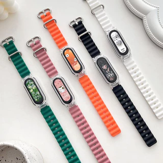 สายนาฬิกาแบบทูอินวัน + กรอบสำหรับ Xiaomi Mi Band 7/8/9/10 /3/4/5/6, สายนาฬิกาซิลิโคน