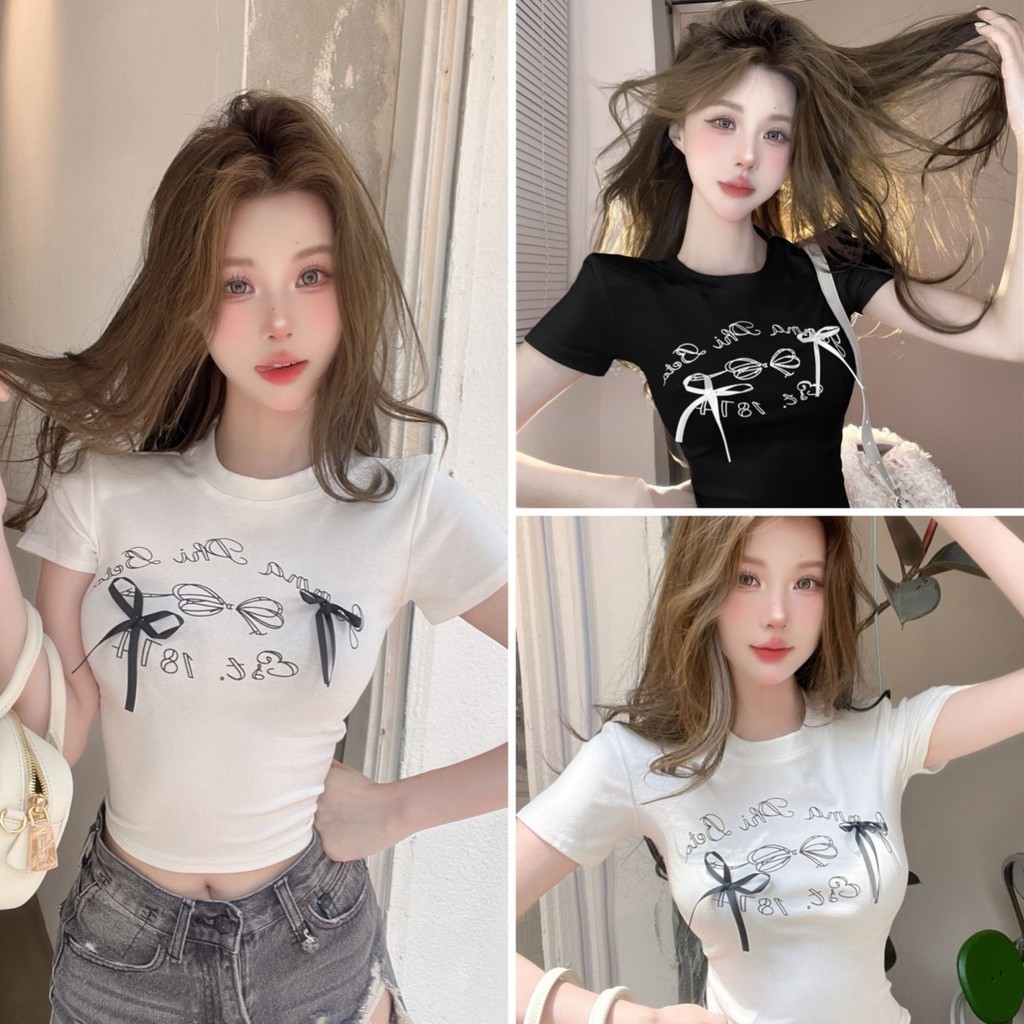 Betty house พร้อมส่ง เสื้อครอป เสื้อยืด ผ้ายืดรูปทรงสวย ครอปสีขาว แขนสั้นคอกลมน่ารัก พิมพ์ลายโบว์ สไตล์เกาหลี