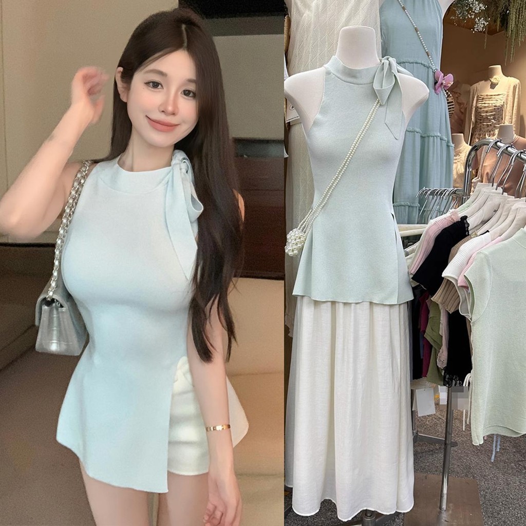 KOKO D114 เสื้อไหมพรมแขนกุดผูกโบว์ผูกโบว์สำหรับผู้หญิง ฤดูร้อนสไตล์ใหม่สวมใส่ด้านนอกอารมณ์ฝรั่งเศสเสื้อผ่าบาง