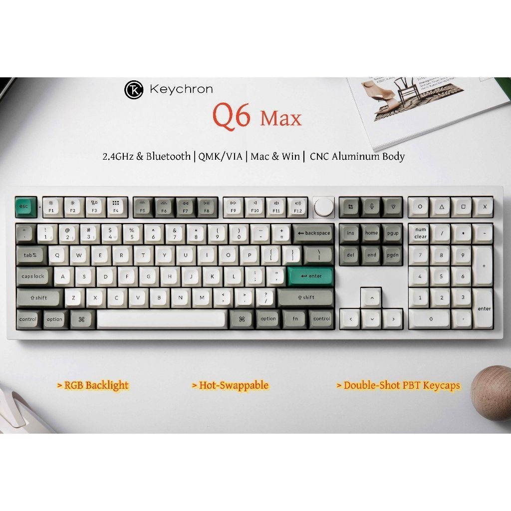 Keychron Q6 Max (รูปแบบขนาดเต็ม) คีย์บอร์ดเกมกลแบบกําหนดเองไร้สาย RGB Backlight Hot Swappable 2.4 GH