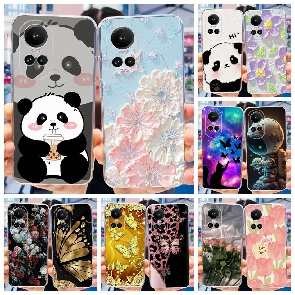 Oppo Reno10 10 Pro 10 Pro + 5Gน่ารักPandaดอกไม้ทาสีปลอกReno 10 10Pro 10 Pro Plus 5Gซิลิโคนอ่อนนุ่มTPUเคสโทรศัพท์