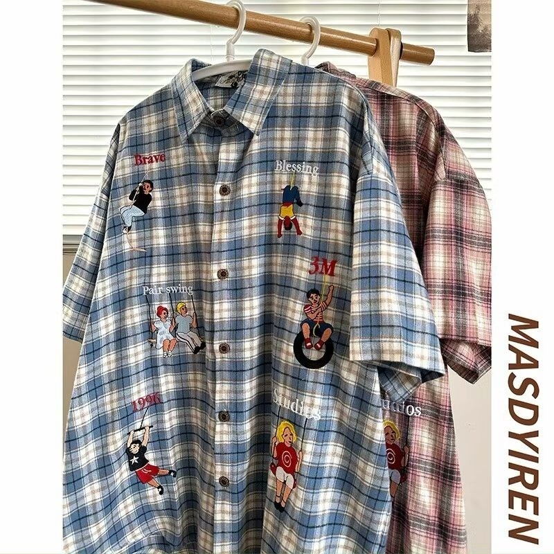 EERSHENSHI เสื้อเชิ้ตผู้ชาย เสื้อเชิ้ตพิมพ์ลายลายสก๊อตย้อนยุคอเมริกันคู่ของอเนกประสงค์ด้านบน