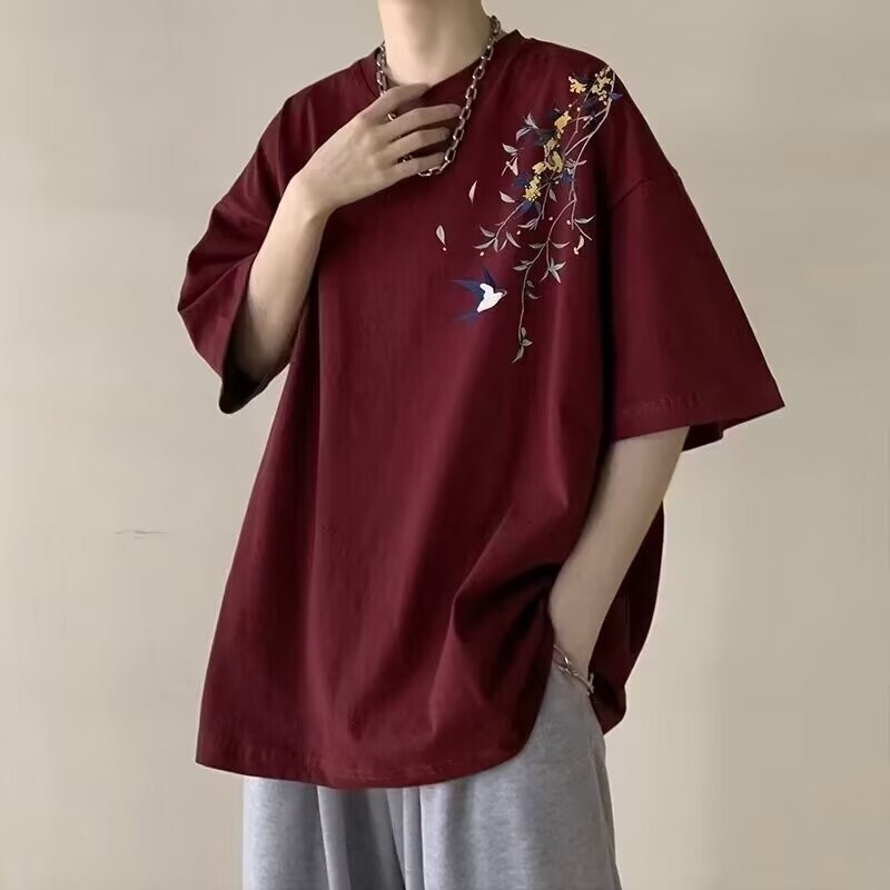 （ขนาด M-8XL）เสื้อยืดแขนสั้น แขนห้าส่วน พิมพ์ลายหน้ายิ้ม ทรงหลวม สไตล์ฮ่องกง สตรีท ฮิปฮอป โอเวอร์ไซซ์ สําหรับผู้ชาย เสื้อยืดผู้ชายไซส์ใหญ่