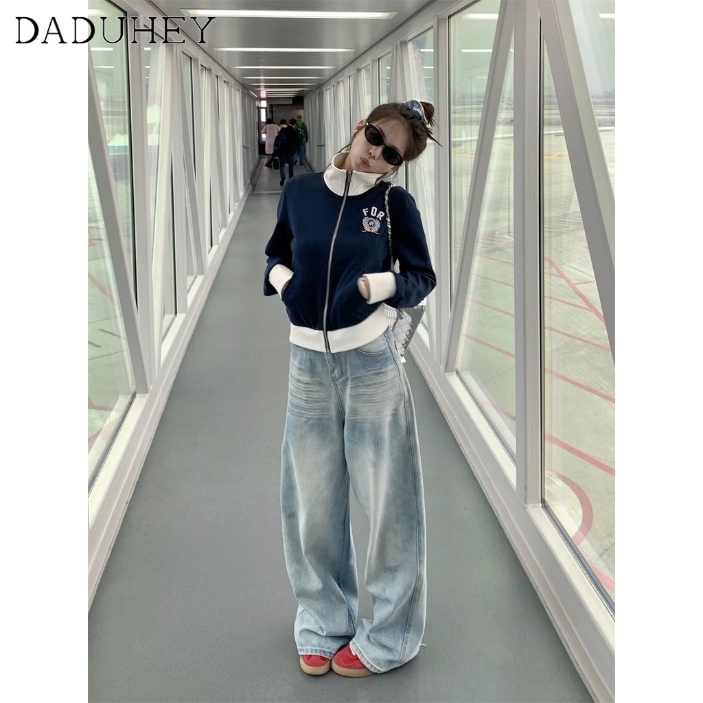 DaDuHey  High Waist Retro Distressed Straight Jeans Women’s 2024 Summer American Style Loose Slimming and Wide Leg Casual Pants