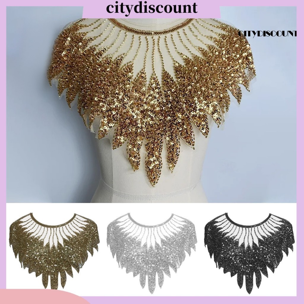 [CITY] เลื่อม Applique ตาข่ายหั่น Feather รูปร่างชุดเสื้อตกแต่ง DIY เย็บ Patch เสื้อผ้าอุปกรณ์เสริมงานแต่งงานเสื้อผ้า Adornment