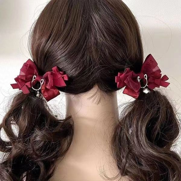 Lolita Bow barrettes Original Design Black Cat Bell Bow EDGE CLIP ไวน์แดง headdress