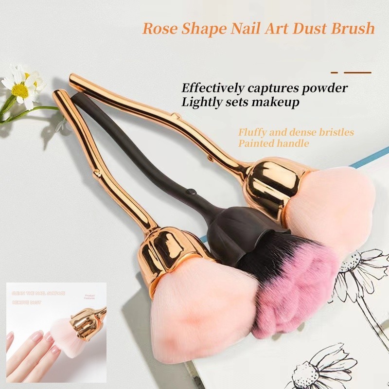 แปรงปัดฝุ่นเพ้นท์เล็บ เครื่องมือทําความสะอาดเล็บ รูปกุหลาบ สีดํา-ทอง-ชมพู