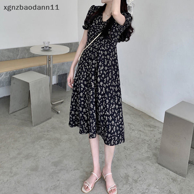 [XGNZ] ชุดเดรส มิดิ ดอกไม้หรูหราสําหรับผู้หญิงเกาหลีเก๋พิมพ์คอวีชุดยาวหญิง2023ชุดเดรสแขนสั้นฤดูร้อนใหม่ ดีเอสพีจี