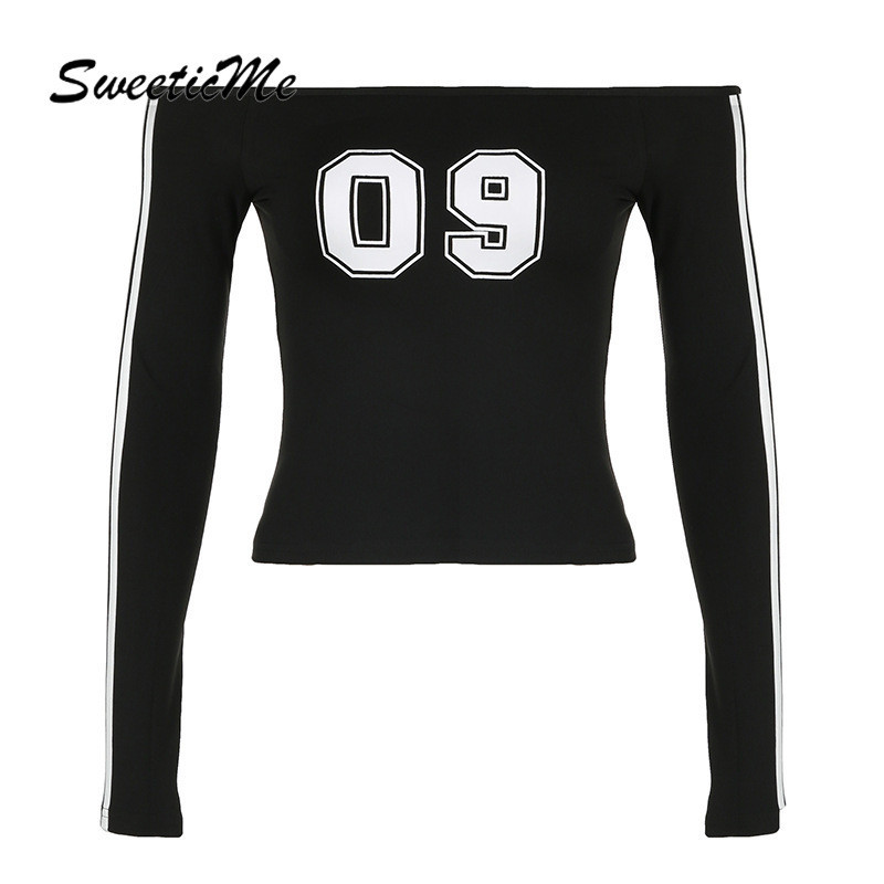 Sweeticme เสื้อสตรี 2024 ใหม่แฟชั่นจํานวนพิมพ์ปิดไหล่แขนยาว Crop เสื้อยืด