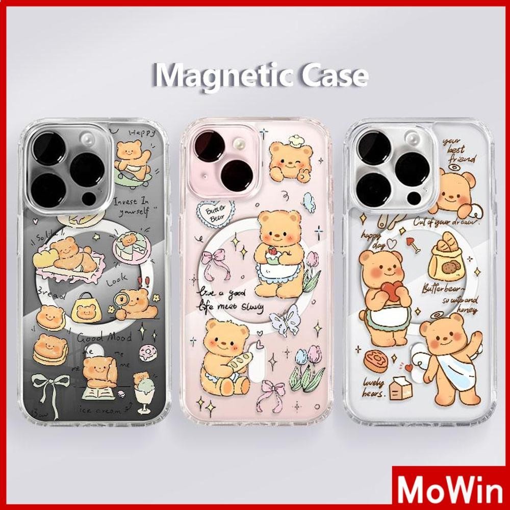 Mowin - สำหรับ iPhone 15 PRO MAX iPhone 11 กรณี Strong Magnetic อะคริลิคใสกระดานแข็ง TPU กรอบนุ่มกันกระแทก หมีเหลืองเนย เข้ากันได้กับiPhone 14 13 12 Pro Max XR XS