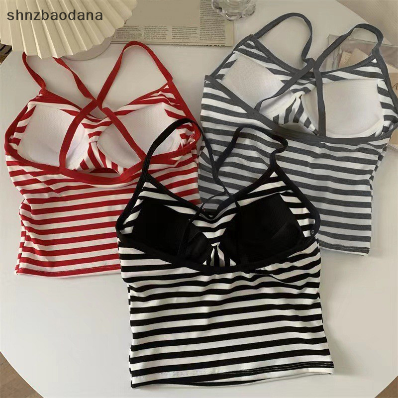 [SHNZAA] เสื้อสายเดี่ยวลายทางเกาหลีพร้อมแผ่นรองหน้าอกผู้หญิงเซ็กซี่เปลือยแขนกุด Slim Top FSSG