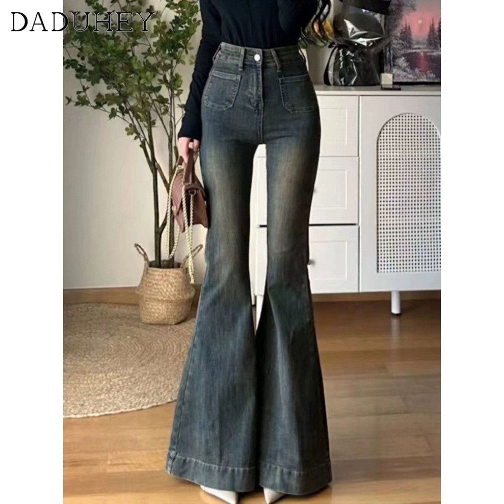 DaDuHey2026 Hot Girl Retro Washed Design Flared Jeans for Women 2026 Spring and Autumn New High Waist Slim Slimming Fishtail Jeans