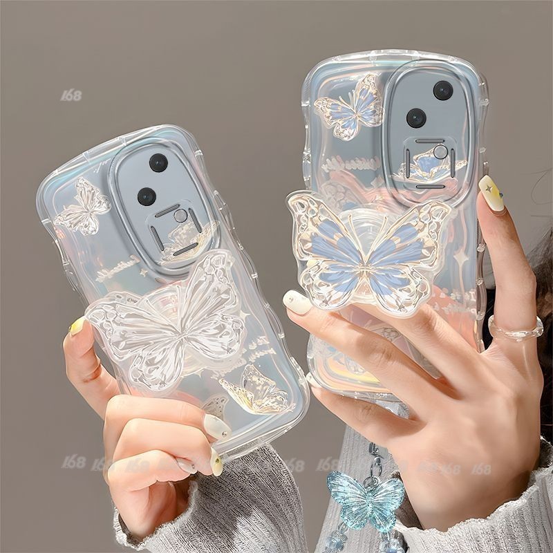 เคส Vivo V30 เคส Vivo V30 Pro เคสโทรศัพท์มือถือแบบนิ่ม เจลลี่ใส กันกระแทก ลายผีเสื้อน่ารัก พร้อมสายคล้อง และขาตั้งวางโทรศัพท์ สําหรับ