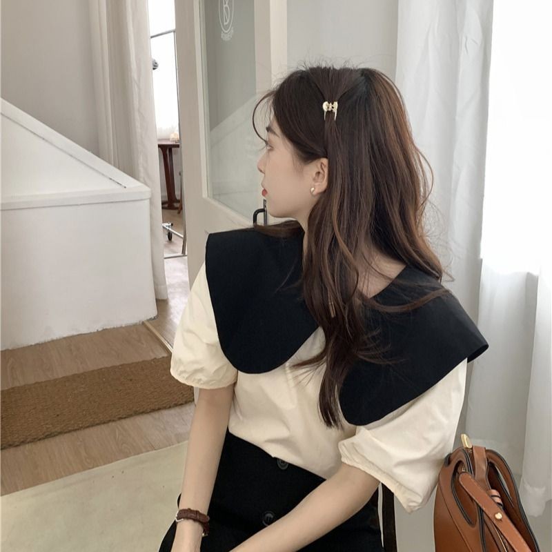 เสื้อผู้หญิงฤดูร้อนด้านหลังเสื้อไม่ซ้ำใครโบว์ราสเบอร์รี่สีชมพูแขนสั้น2024คอตุ๊กตาฟองออกแบบเก๋ efzb