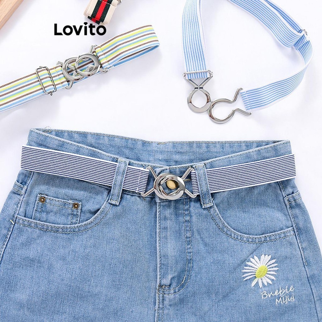 Lovito เข็มขัดผู้หญิง แต่งแถบข้าง โลหะ สีพื้น LFA40218