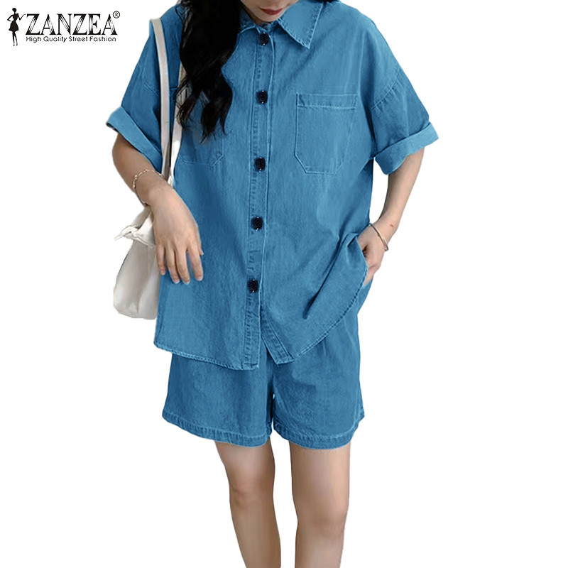 ZANZEA ซานเซีย ผู้หญิงแฟชั่นเกาหลีเสื้อคอปกแขนสั้นหลวมด้านบนกางเกงขาสั้นชุด